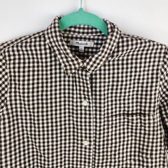 Madewell Plaid Tie Front Button Up Lightweight Flannel Shirt Brown White sz S - Picture 4 of 8